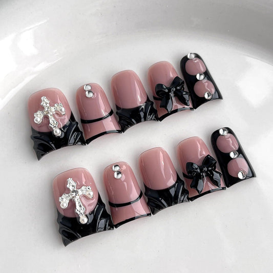 French Tip Press on Nails Handmade Short Duck 3D Thick Acrylic Nails Black False Nails with Bow Water Ripple Rhinestones Designs Gothic Glossy Fake Nail Sturdy Art Press on Nail 10Pcs(M)