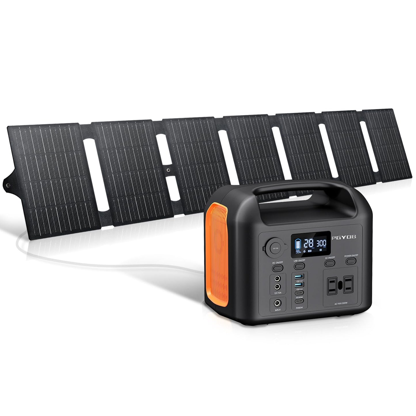 PGYOB Portable Power Station with 55W Solar Panel, 299Wh LiFePO4 Backup Battery 300W Pure Sine Wave AC (600W Peak) Car Outlets PD 60W QC3.0 Solar Generator Power Bank for Camping, Emergency, CPAP