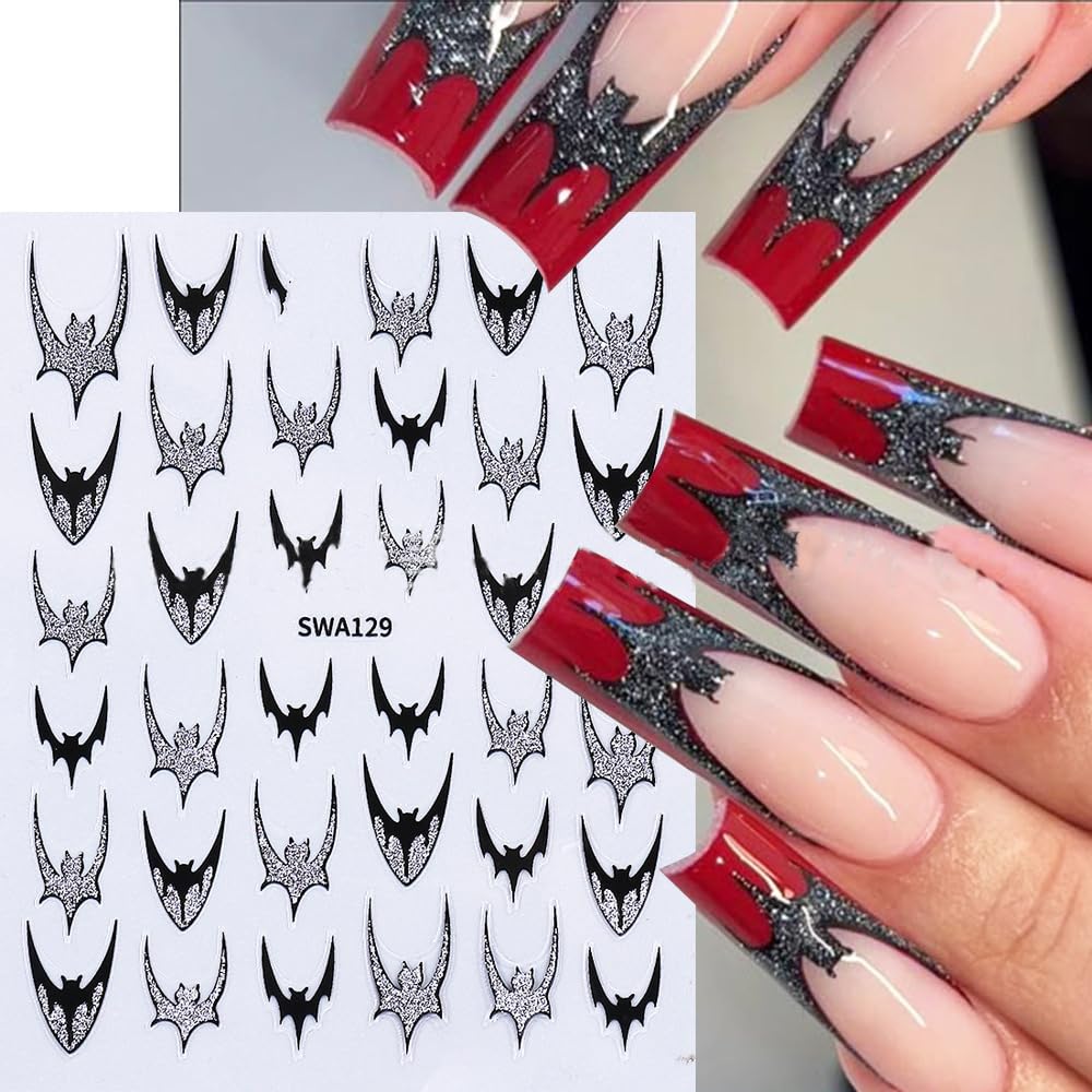 CJDLTS 6 Sheets Halloween Nail Art Stickers 3D Self -Adhesive Bat Nail Decals Holographic Hot Stamping Gold Silver Bat Nail Stickers Halloween French Nail Decoration for Women Manicure Supplies
