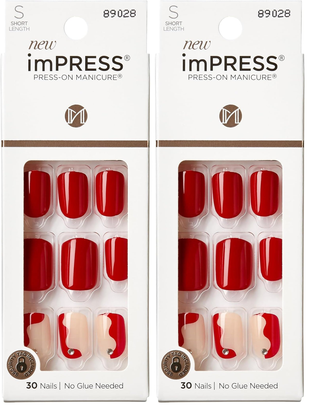 KISS imPRESS No Glue Mani Press On Nails, Design, 'Adore You', Red, Short Size, Squoval Shape, Includes 30 Nails, Prep Pad, Instructions Sheet, 1 Manicure Stick, 1 Mini File (Pack of 2)