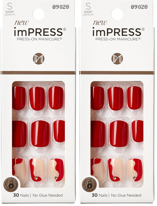 KISS imPRESS No Glue Mani Press On Nails, Design, 'Adore You', Red, Short Size, Squoval Shape, Includes 30 Nails, Prep Pad, Instructions Sheet, 1 Manicure Stick, 1 Mini File (Pack of 2)