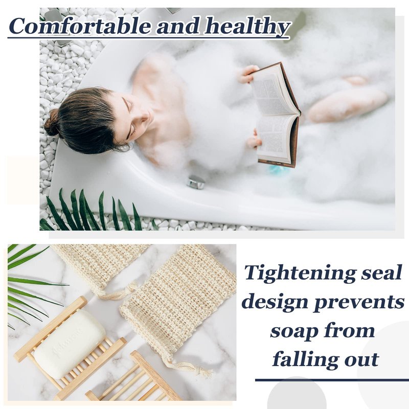 Rtteri 60 Pcs Soap Saver Bags & Bamboo Soap Holder Set Exfoliating Sisal Soaps Washing Bags Self Draining Wooden Bar Soaps Dish for Shower Bath Toilet Kitchen Restaurant