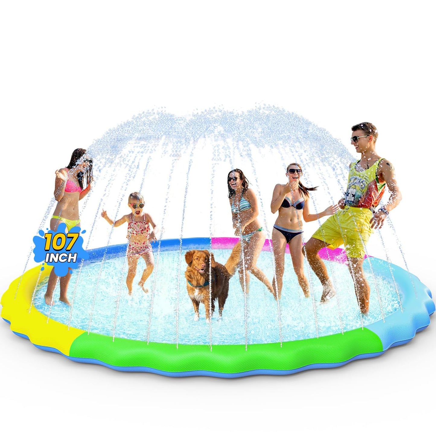 VISTOP Non-Slip Splash Pad for Kids and Dog, Thicken Sprinkler Pool Summer Outdoor Water Toys - Fun Backyard Fountain Play Mat for Baby Girls Boys Children or Pet Dog (107 Inch, Red&Yellow&Green&Blue)