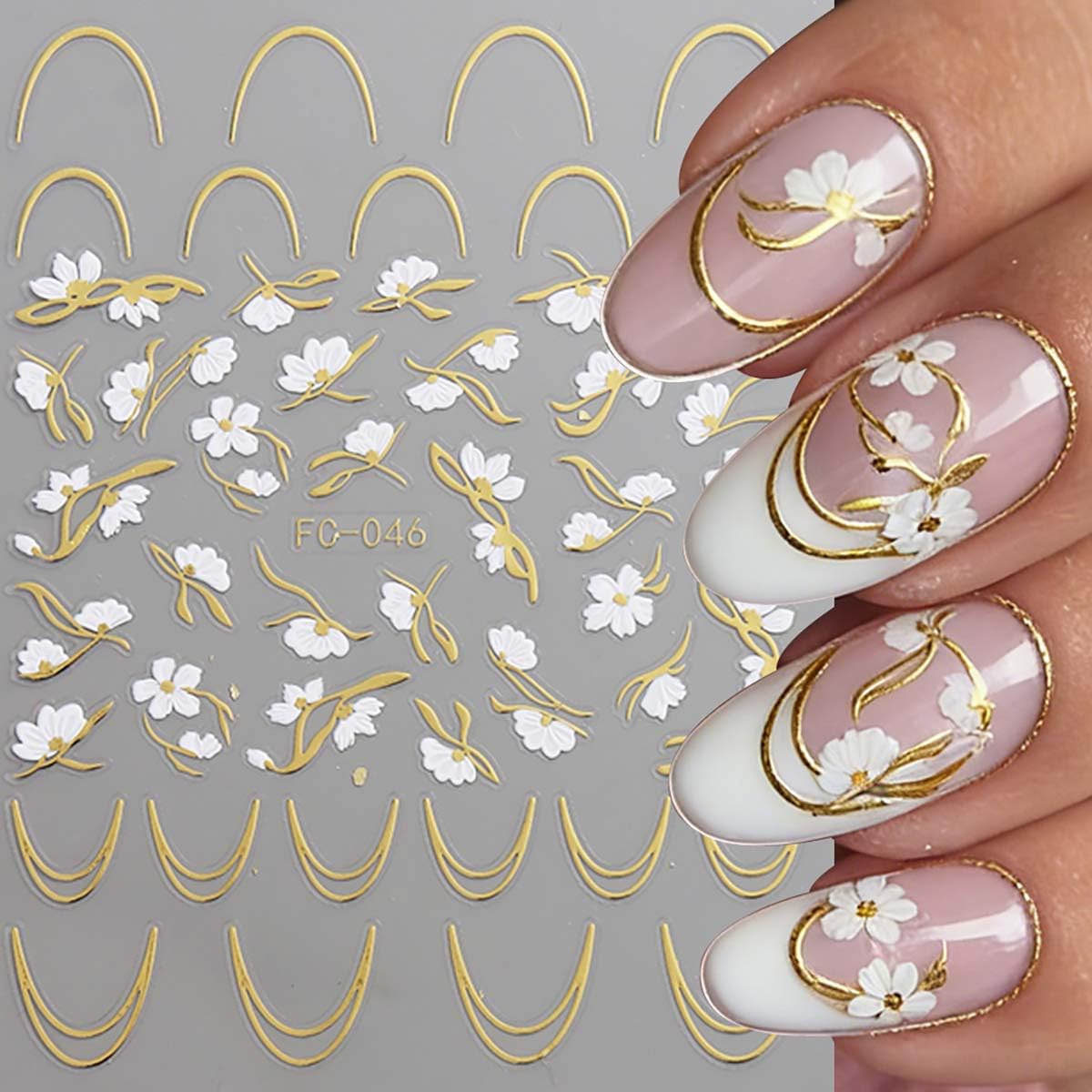 6 Sheets Flower Nail Stickers with Gold Silver Glitter Line Design Nail Decals 3D Self-Adhesive White Floral Nail Art Stickers Spring Summer Nail Decoration for Women DIY Manicure Supplies