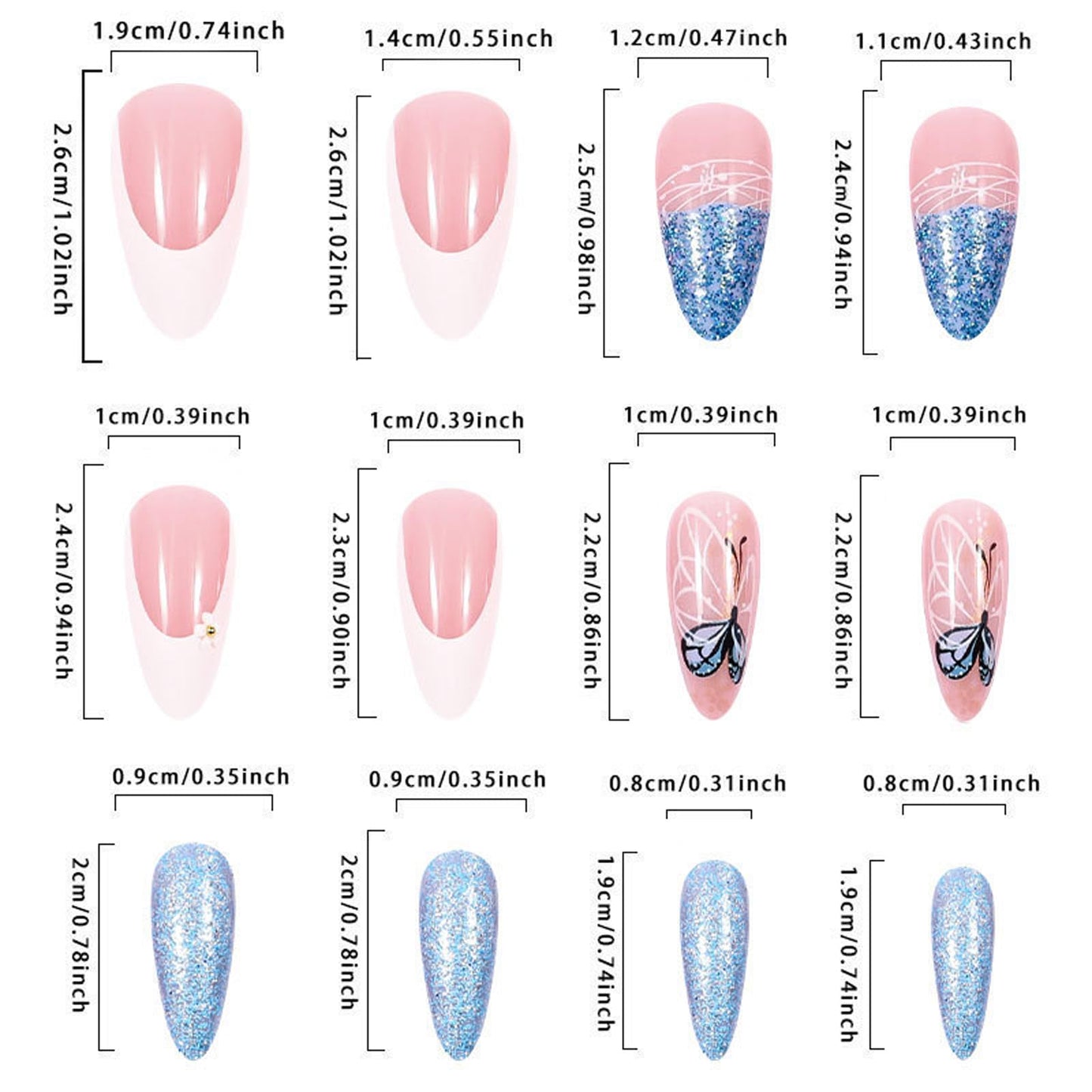 IMSOHOT Blue Press on Nails Medium Almond Fake Nails White French Tip False Nails with Butterfly & Glitter Designs Glossy Full Cover Acrylic Stick on Nails for Women Girls 24Pcs