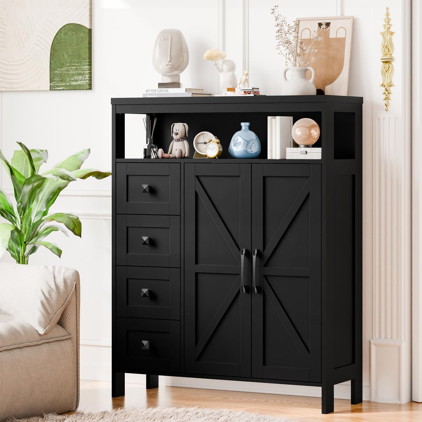 Befrases Farmhouse Storage Cabinet with 2 Doors and 4 Drawers, Freestanding Bathroom Cabinet Kitchen Pantry, Floor Storage Cabinets Hutch Cupboard for Kitchen/Living Room/Bathroom,Pure Black