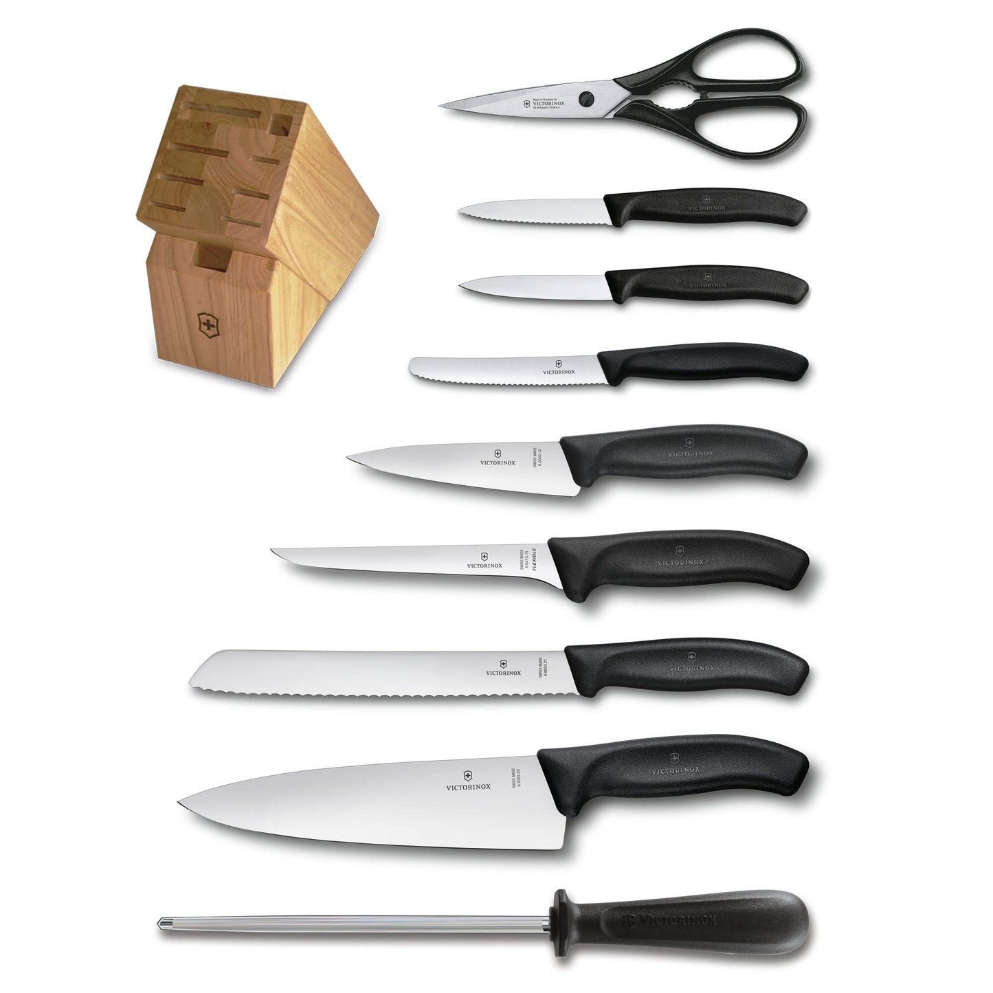 Victorinox Swiss Classic Knife Block - Kitchen Knife Set with Block for Home Essentials - Includes Chef's Knife, Paring Knife & More - Black Handles, 10-Piece Set