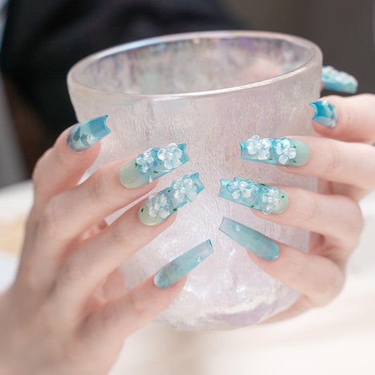 Sun&Beam Nails Handmade Press-on Medium Long Coffin Ballerina Blue 3D Flower Minimalist Design Fashion False Nail Tips 10 Pcs Set (#245 M)