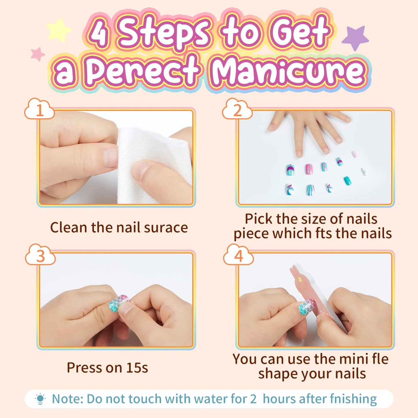 Modelones Press on Nails for Kids 144Pcs 6 Pack Children Acrylic Fake Nails Pre-glue Full Cover Glitter Color Mermaid Beach Short False Nail Art Kits Sets Gifts for Girls