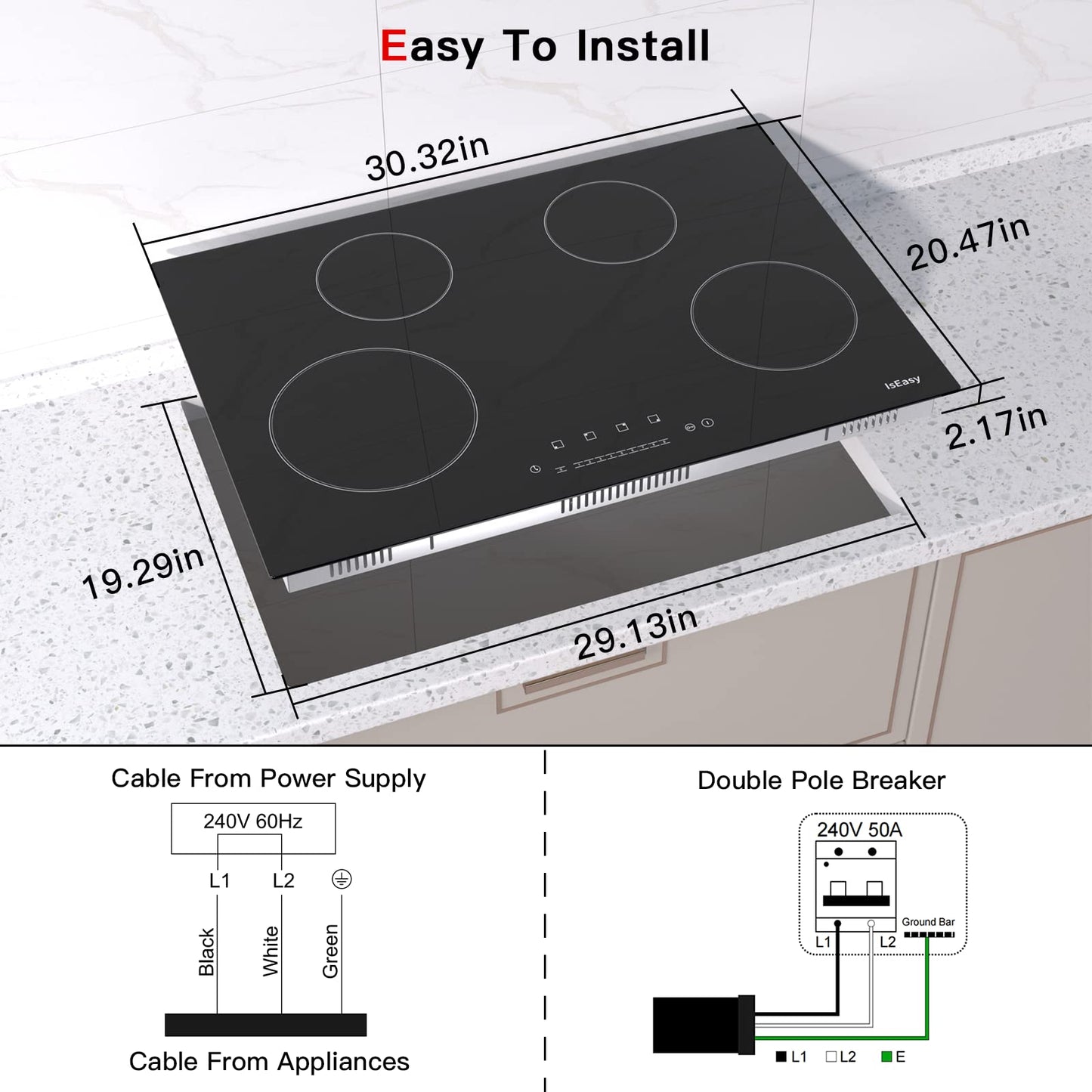 IsEasy 30-inch Induction Cooktop, 4 Burner Built-In Electric Cooktop, Drop-in Glass Cooker With Touch Control, 9 Power Levels, Child Safety Lock, Timer, 6800W