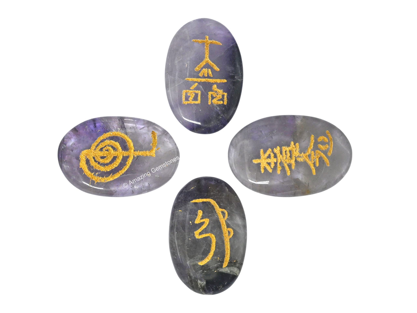 Amazing Gemstone Amethyst Crystal Reiki Stones with Engraved Symbols for Usui Reiki Healing, Set of 4 Pcs (Indian Handmade Reiki Gift Set)