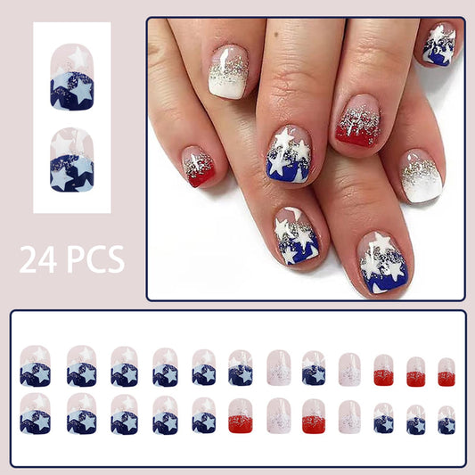 4th of July Blue Press on Nails Short Square Independence Day Fake Nails blue white stars Glitter Nails Design Full Cover Stick on Nails Patriotic Artificial Nails for Women DIY Manicure 24pcs