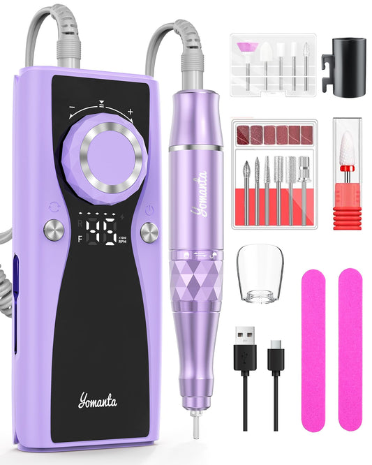 Electric Nail Drill Professional Kit: 45,000 RPM USB Rechargeable Efile Nail Drill Nail File with 12 Bits for Polishing Gel/Acrylic Nails- Portable Manicure Tool Set for Salon/Home-Light Purple