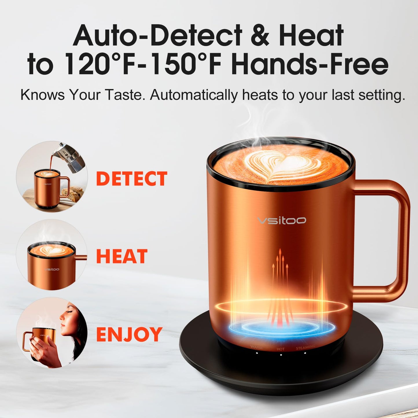 Vsitoo S3 Plus 14oz Heated Coffee Cup - Temperature Control Smart Mug with Mug Warmer, Auto-Sensing AI Heats Drinks to 120-150°F Hands-Free.Ideal for Home/Office/Gifts，Copper