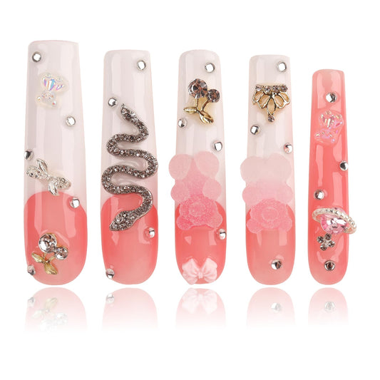 Handmade Long Acrylic Nail Tips, Pink Press on Nails with Full Covered Crystals, Fake Luxury Diamond Nails, Long Square False Nails, Gifts for Women, Reusable Stick On Nails 10Pcs,Light pink Size L