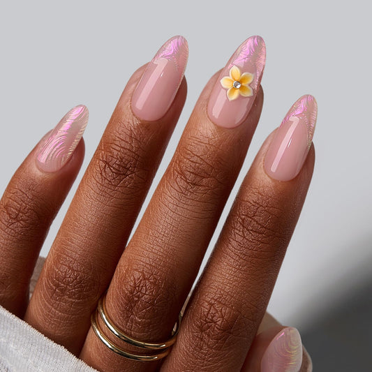 BTArtbox French Tip Press On Nails - Aloha Lei, Easy-to-Apply 3D Flower Medium Almond Press On Nails with Glue and Adhesive Tabs in 15 Sizes - 30 Nails All-in-One Kit