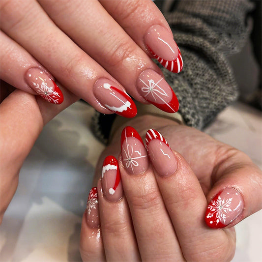 Glossy Red Candy Cane Acrylic Fake Nail Christmas Press on Nails Christmas Hat Medium Almond False Nails Snowflake Stick on Fingernails 24Pcs Rhinestones Gel Glue on Nail for Women Xmas Gift