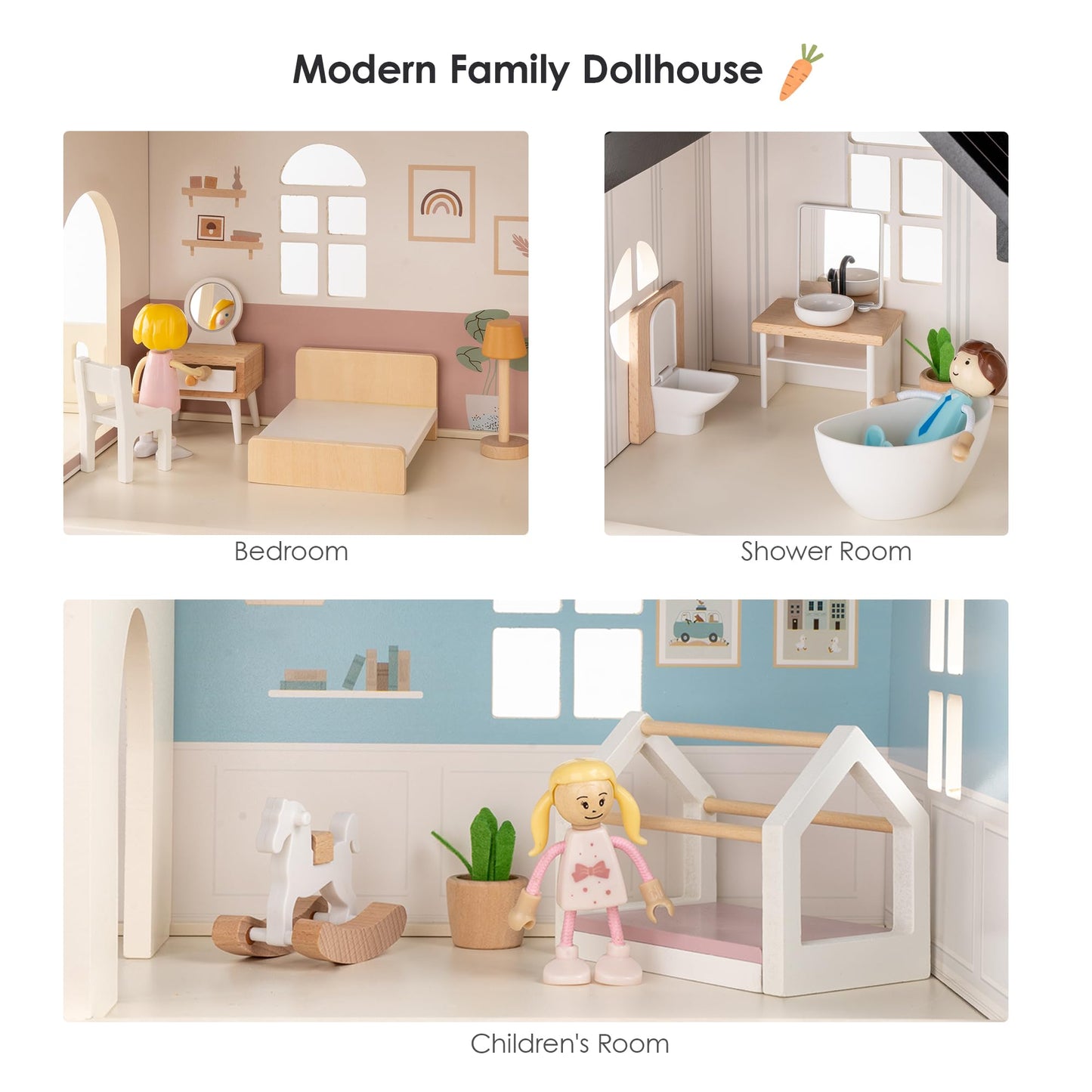 Wooden Dollhouse for Kids, 6-Room Modern Style Toy Doll House Playset with 26 Furniture & Functional Doors, 1:12 Scale Open Plan Dollhouse Designed for 4-6 Inch Dolls, STEM Creative Gift for Ages 3+
