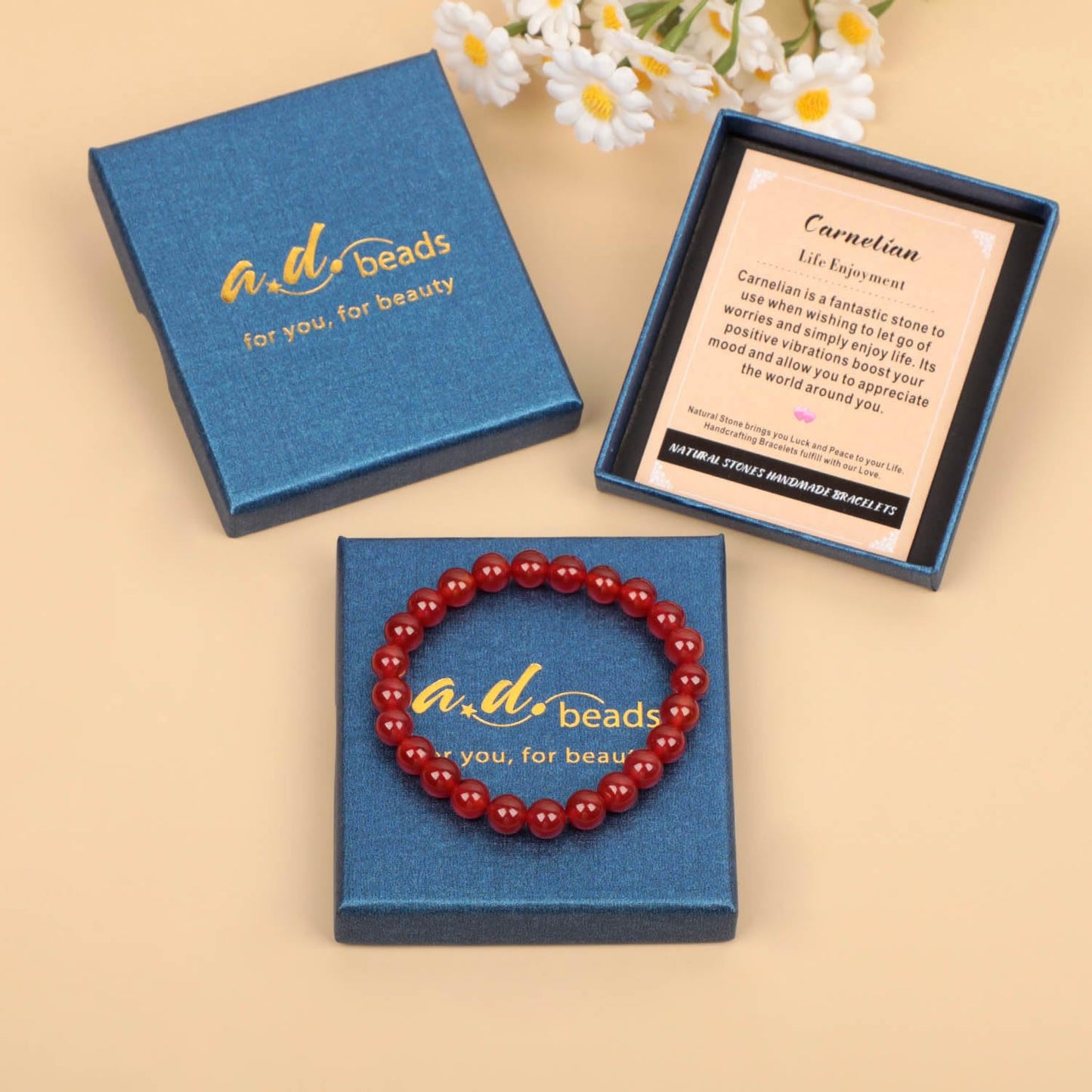 AD Beads Handmade Gemstone Stretch Elastic Bracelet Crystal Healing Reiki Nature's Beauty and Spiritual Essence Unisex (6mm, Carnelian (Life Enjoyment))