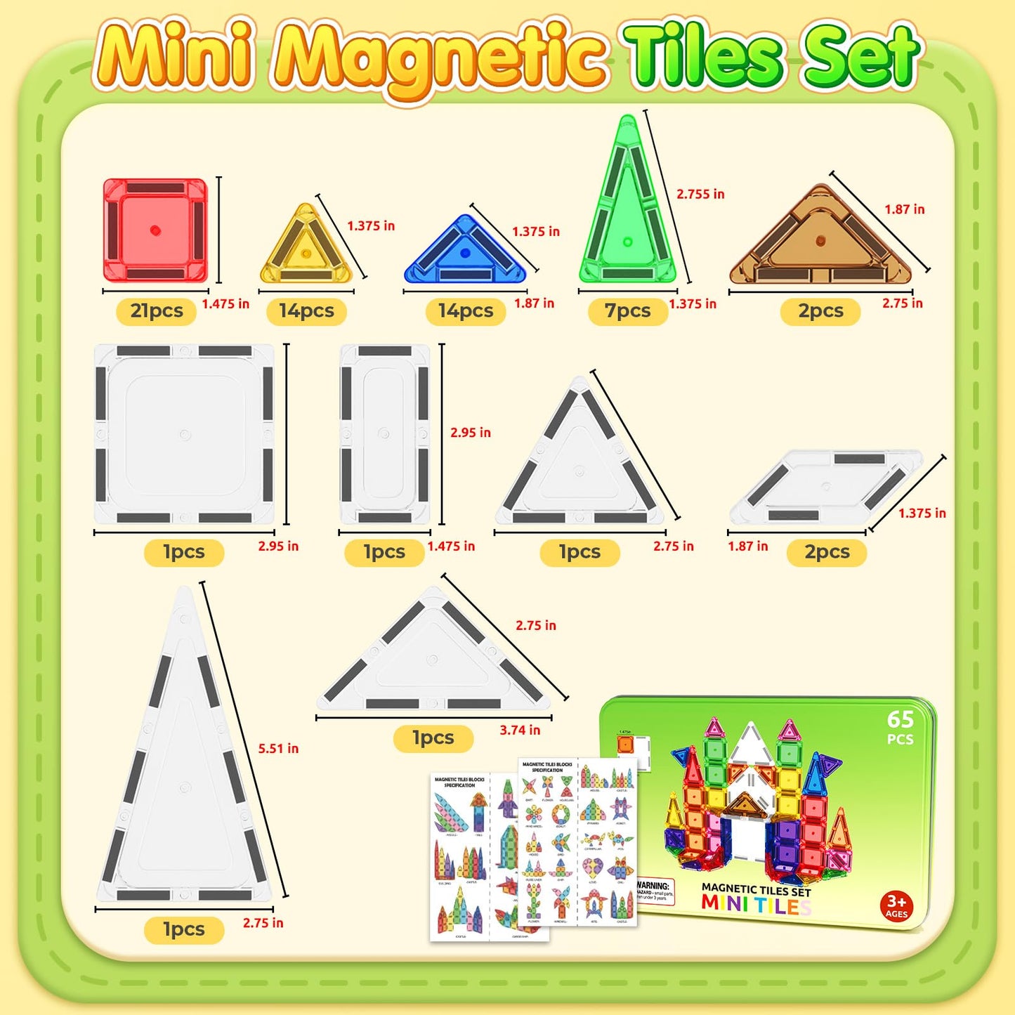 65PCS Mini Travel Magnetic Tiles with Case Set Toddler Essentials Toys, Magnetic Building Blocks Kids Games Sensory Montessori Education Learning Toys for 3+ Year Old Boys Girls Birthday Gifts