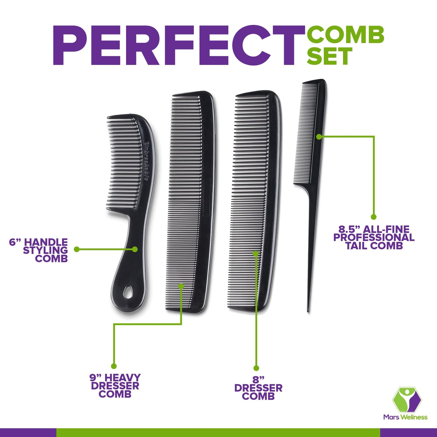 MARS Wellness 4 Piece Professional Comb Set Black BULK 20 Pack - USA MADE - Fine Pro Tail, Dresser Hair Comb Styling Comb - for Men Women - Parting Teasing and Styling