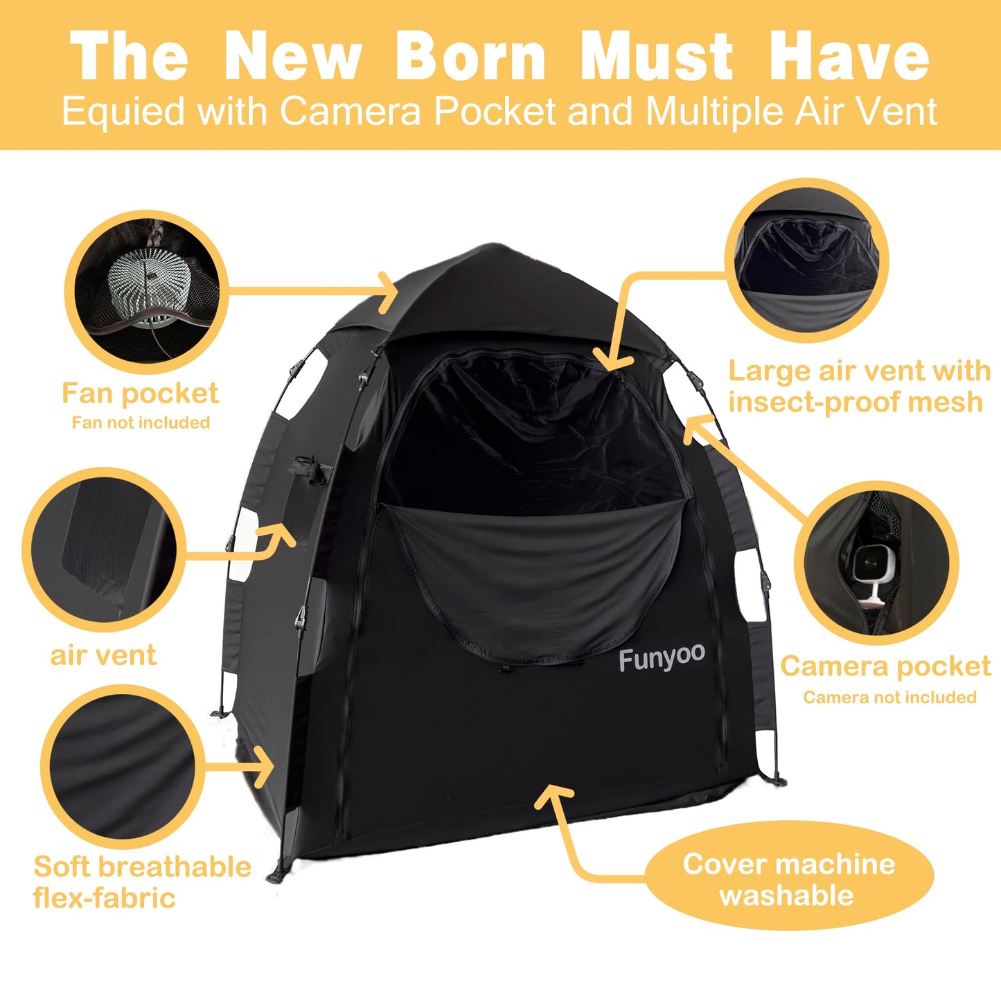 Funyoo Pop Up Blackout Tent for Babbies and Toddlers, One Click Setup Baby Travel Crib Tent, Blackout Cover for Pack N Play and Baby Crib