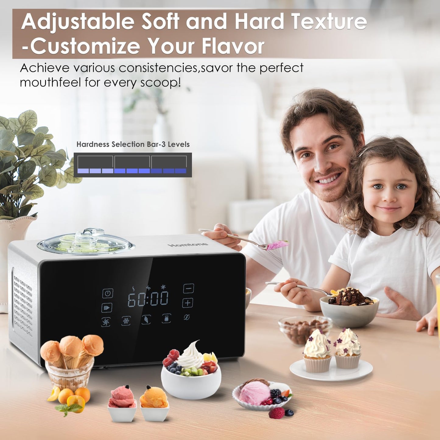 Homtone Ice Cream Maker Fully Automatic with Compressor, 4 Modes, Adjustable softness, Adjusted Speed 1.6 Quart Ice Cream + Yogurt Maker, LCD Touch Screen Homemade Soft & Hard Ice Cream Machine