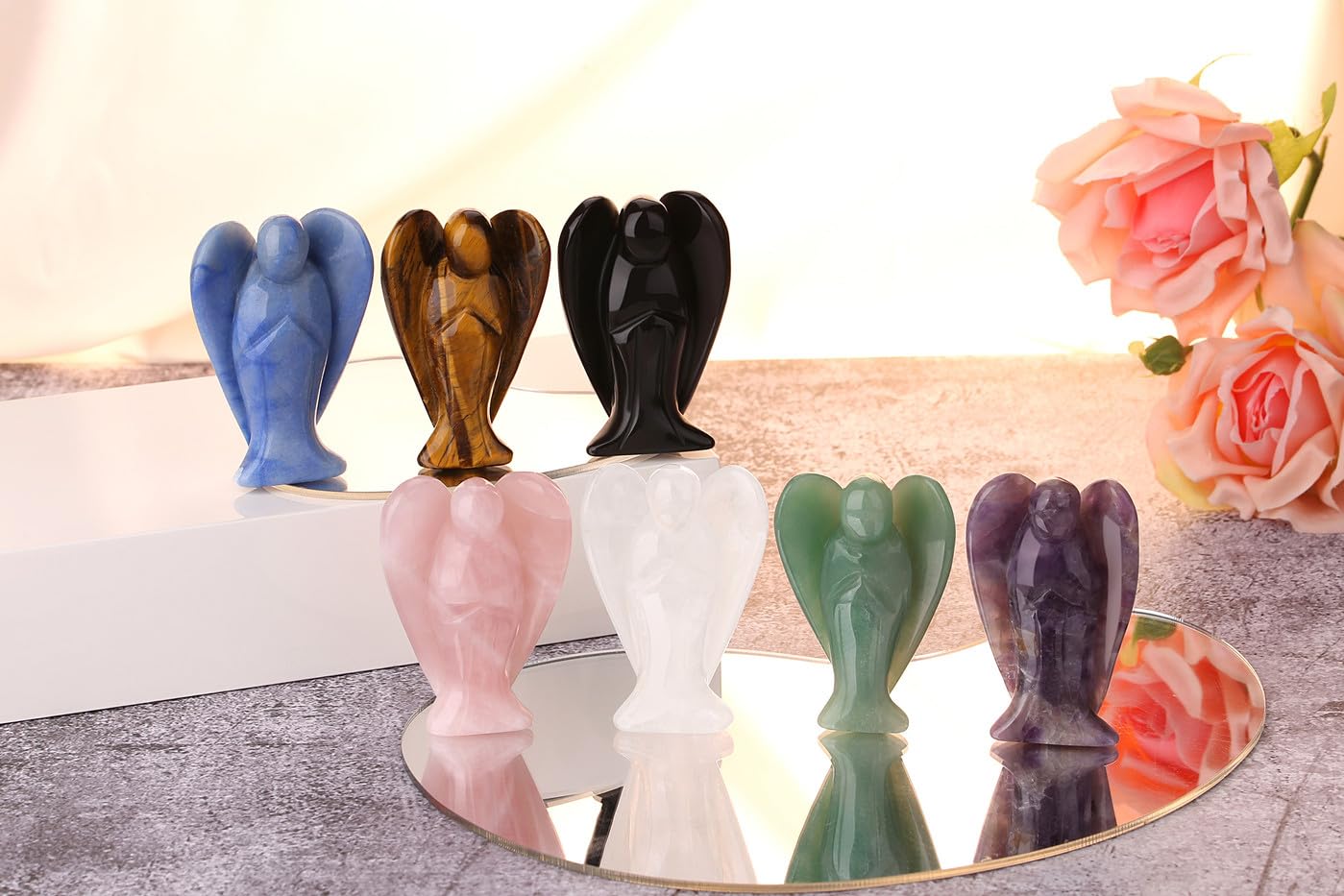 QINJIEJIE 3" Black Obsidian Crystal Angel Decor Healing Peace Angel Stone Figurine Polished Gemstone Guardian Statue Room Desk Office Hand Carved Decorations Energy Gifts for Women & Men