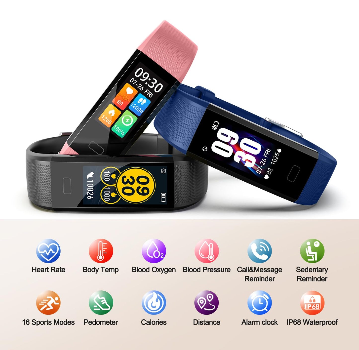 Fitness Tracker with Step/Distance/Calories Counter, Activity Tracker with Heart Rate Monitor, Slim Style Watch IP68 Waterproof, Sleep Monitor Tracker, Pedometer Watch for Women Men
