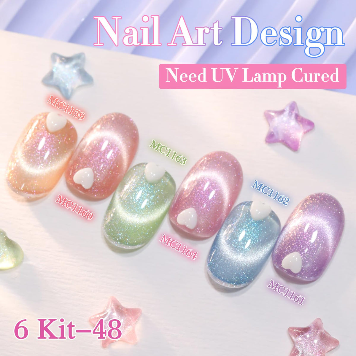 Double Rhythm 6 Colors Cat Eye Gel Polish Set Shimmer Glitter with Magnet Holographic Reflective Magnetic UV Nail Art Kit (6-Kit-48)