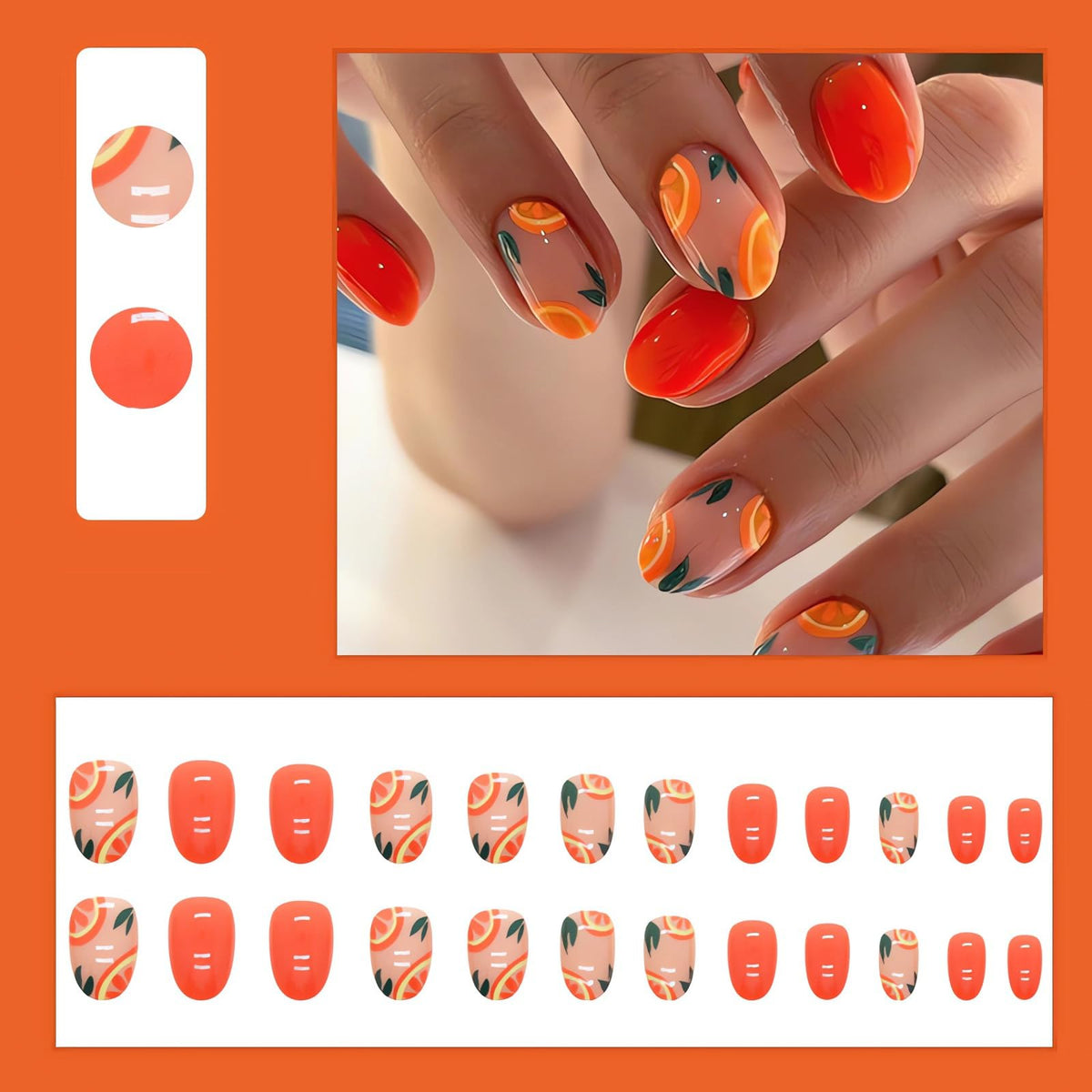 IMSOHOT Oval Short Press on Nails Orange French Tips Fake Nails Fresh Fruit Designs Nude Glossy Round Acrylic False Nails with Designs Cute Stick on Nails for Women and Girls 24Pcs