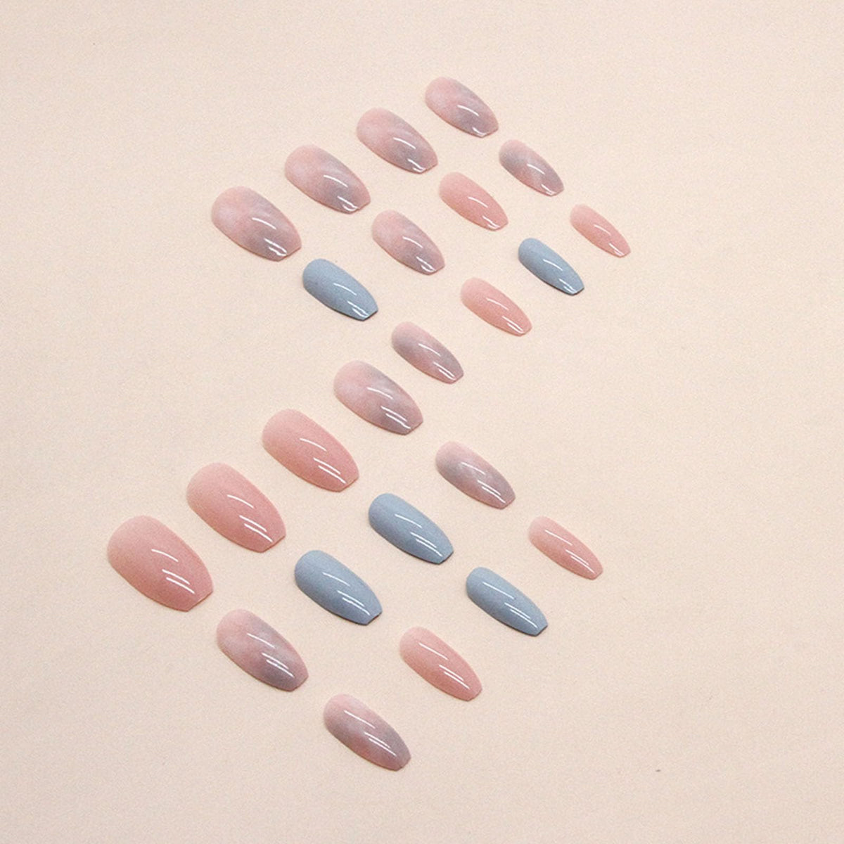 Short Press on Nails Coffin Fake Nails with Marble Designs Pink Nails Press ons Spring Summer Glue on Nails Glossy Acrylic Nails Blue False Nails Daily Wear Natural Stick on Nails for Women 24Pcs