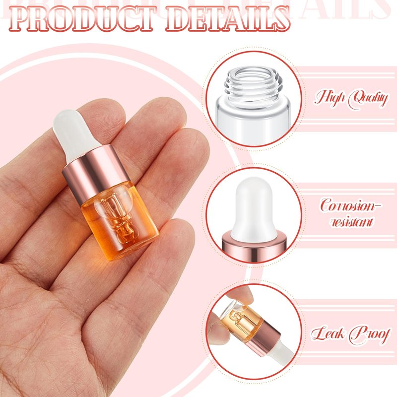 Didaey 100 Pcs 2 ml Mini Glass Oil Dropper Bottle Bulk, Clear Essential Small Empty Bottles Sample Containers Perfume Liquid Vials with Cap for Traveling(2 ml, Rose Gold)