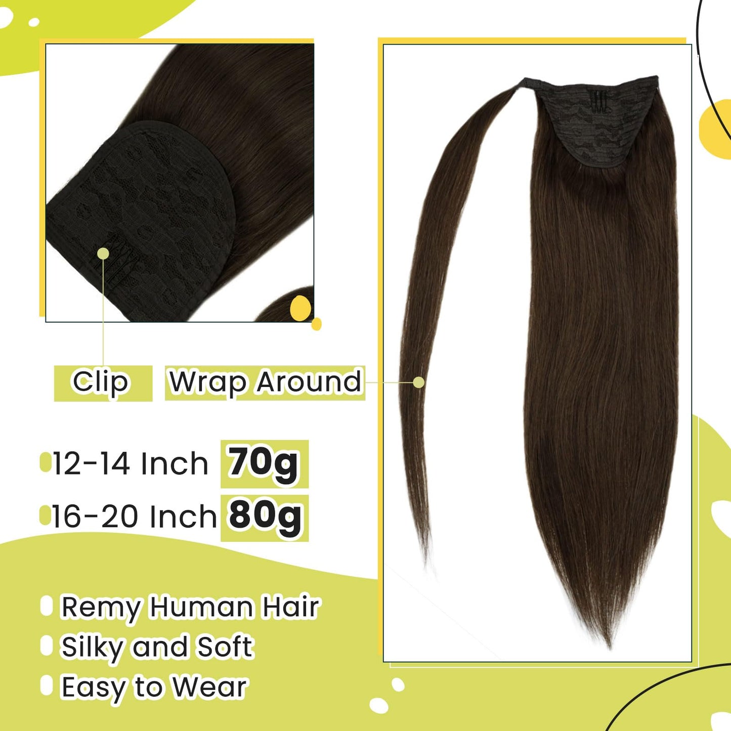 RUNATURE Hair Ponytail Extension Short Human Hair Extensions Ponytail #4 Brown Thick Wrap Ponytail Hair Extensions with Clips Straight Real Hair Pony Tail Extensions Silky 14 Inch 70g