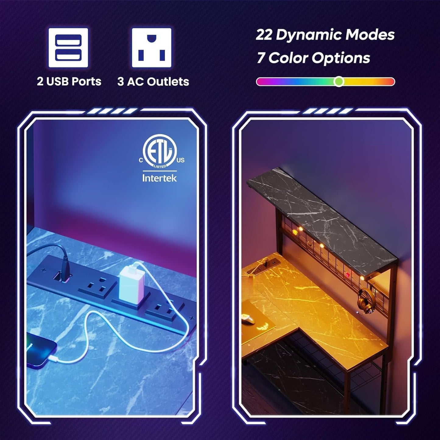 Bestier 42 L Shaped Gaming Desk, Computer Desk with Power Outlets & LED Light, Reversible Corner Desk with Shelves, Home Office Desk with Storage, Black Marble
