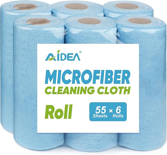 AIDEA Microfiber Cleaning Cloth, Shop Towels 330 Sheets 6 Roll, Microfiber Towels for Cars, Blue Shop Rags Washable, Cleaning Rags Reusable Paper Towels for Automotive, Workshops, House,11Ã9"