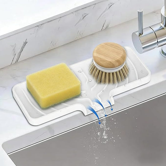 Silicone Sponge Holder for Kitchen Sink With Drain Spout, Self Draining, Kitchen Soap Tray, Bathroom Organizer, Sink Caddy (White, 10Ã4)