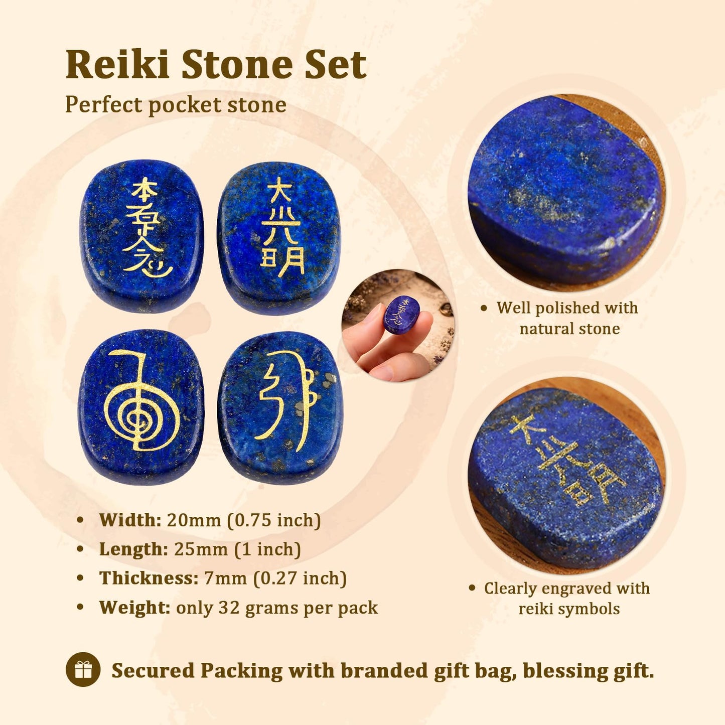 rockcloud Healing Crystal Lapis Lazuli 4pcs Engraved Chakra Stones Palm Stone Reiki Balancing