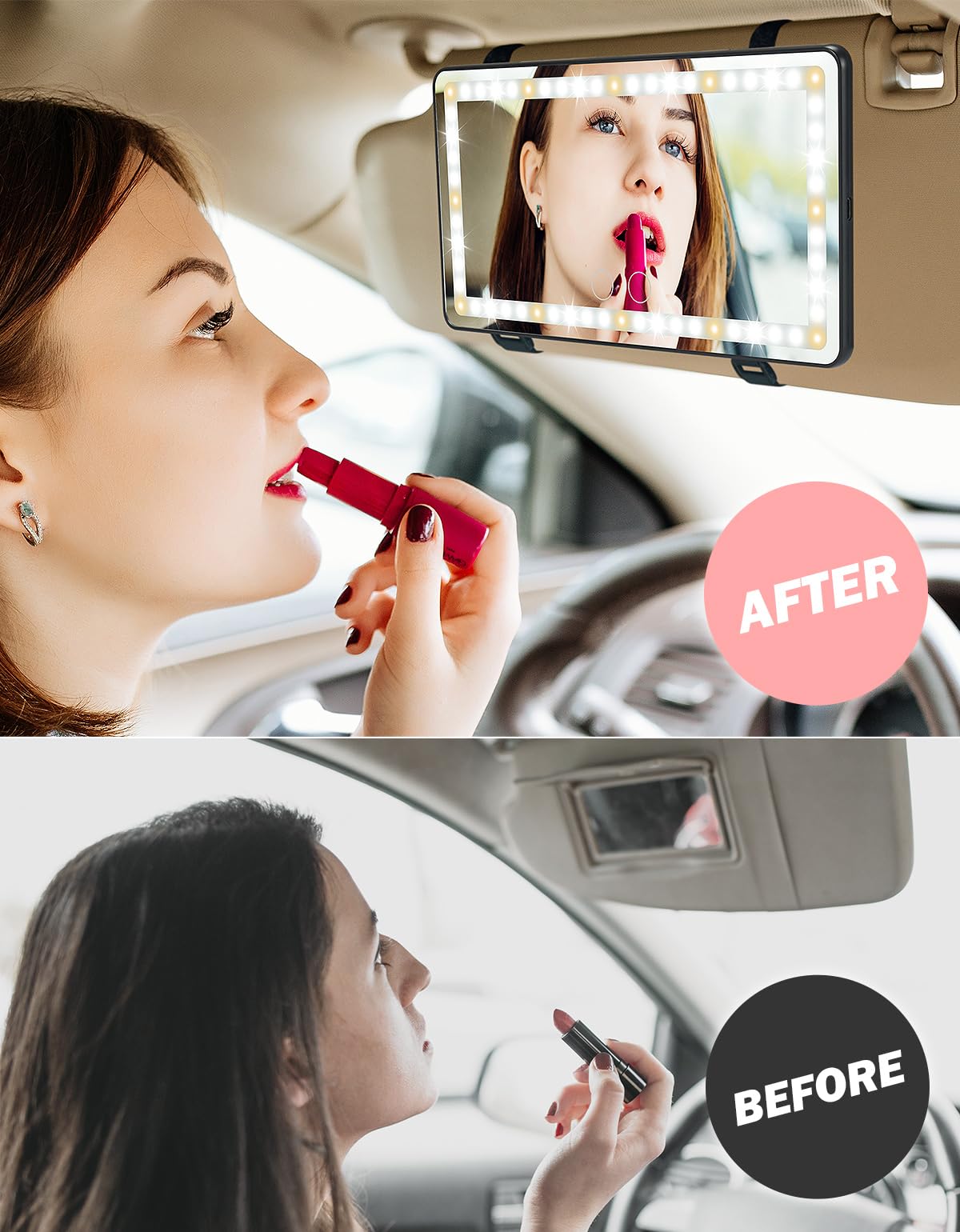 JOYTUTUS Car Sun Visor Vanity Mirror with Lights, 3 Light Modes & 60 LEDs, Rechargeable Dimmable Touch Control Travel Makeup Mirror for Truck SUV