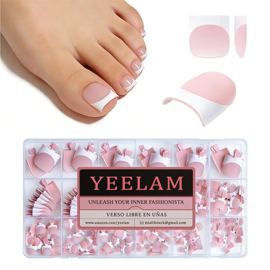 YeeLam Press On Toenails French Tip – 240Pcs Sharp Square Soft Gel Toe Nail Press Ons, Matte Baby Pink Fake Toenails, 15 Sizes Toe Nail Tips for DIY Pedicure