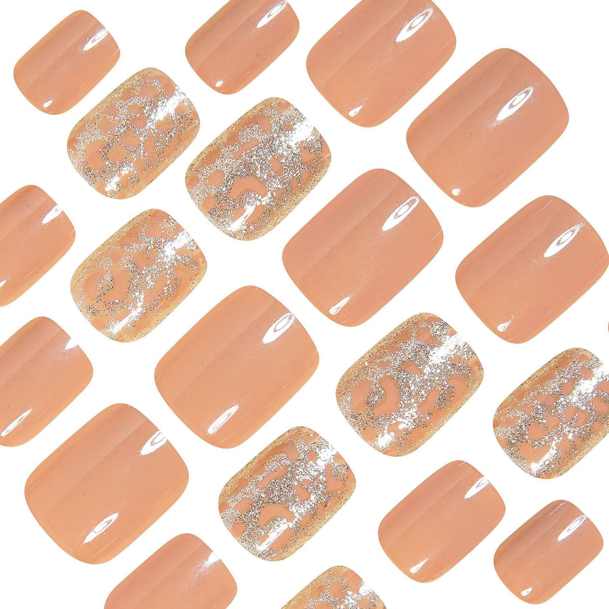 Light Brown Leopard Print Press on Nails Short Square Fake Nails Winter False Nails with Gold Glitter Designs Light Brown Glossy Glue on Nail Winter Full Cover Acrylic Nails for Women Girls 24Pcs