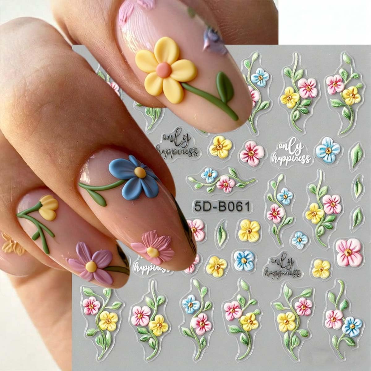 3 Sheets Flower Nail Stickers Green Leaf Nail Decals 5D Self-Adhesive Yellow Blue Pink Floral Nail Art Stickers Spring Summer Nail Decoration for Women DIY Manicure Supplies
