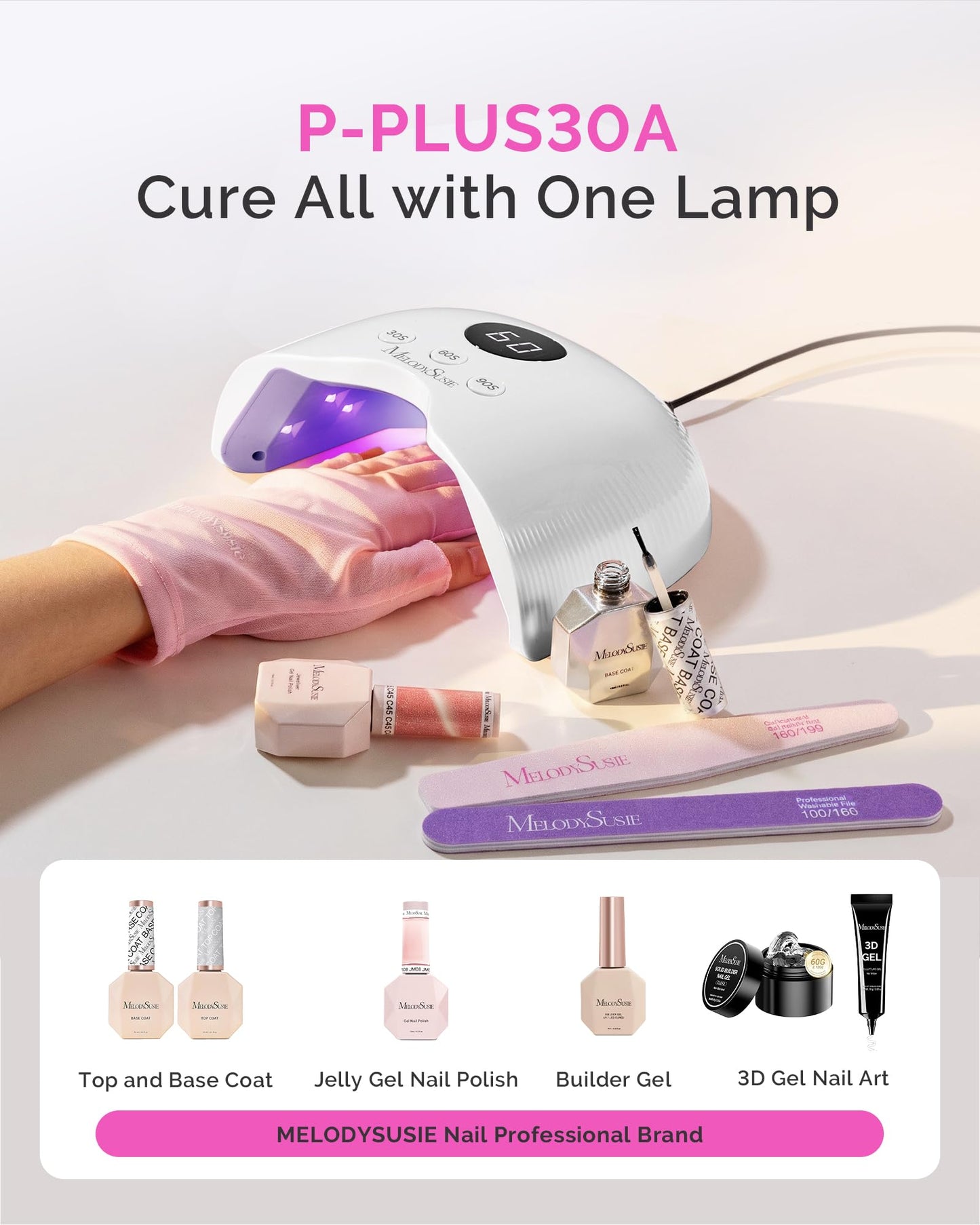MelodySusie Compact LED UV Nail Lamp with UV Gloves, P-PLUS30A Nail Dryer with Smart Sensor Cures All Gels, Especially Rhinestone Glue, Liner & Cat Eye Gel Polishes for Advanced DIY at Home, White
