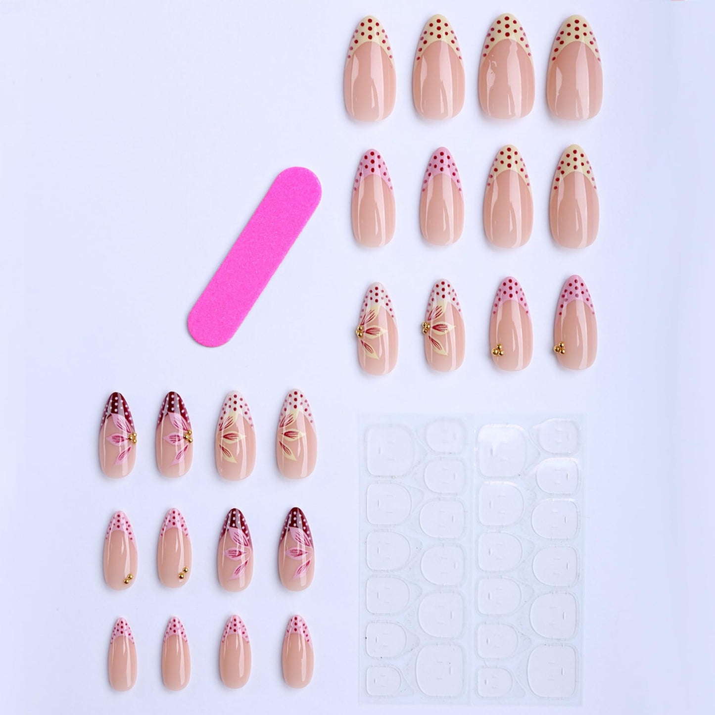 octoswave Press on Nails Long Almond Fake Nails with Pink Floral and Polka Dot Designs Glossy Glue on Nails for Party and Dating French Tip False Nails 24Pcs