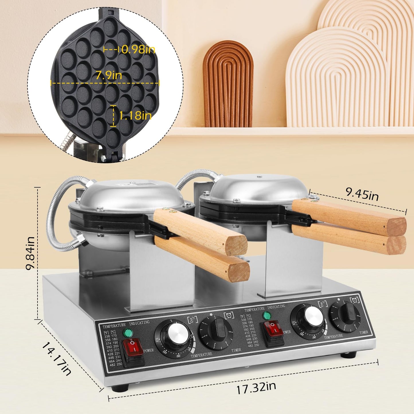 Dyna-Living Bubble Waffle Maker Commercial Double-head Egg Puff Waffle Maker, 1400W & 1400W Non-stick Hong Kong Bubble Waffle Machine, 180° Rotating, Non-stick Coating, Dual Temperature Control
