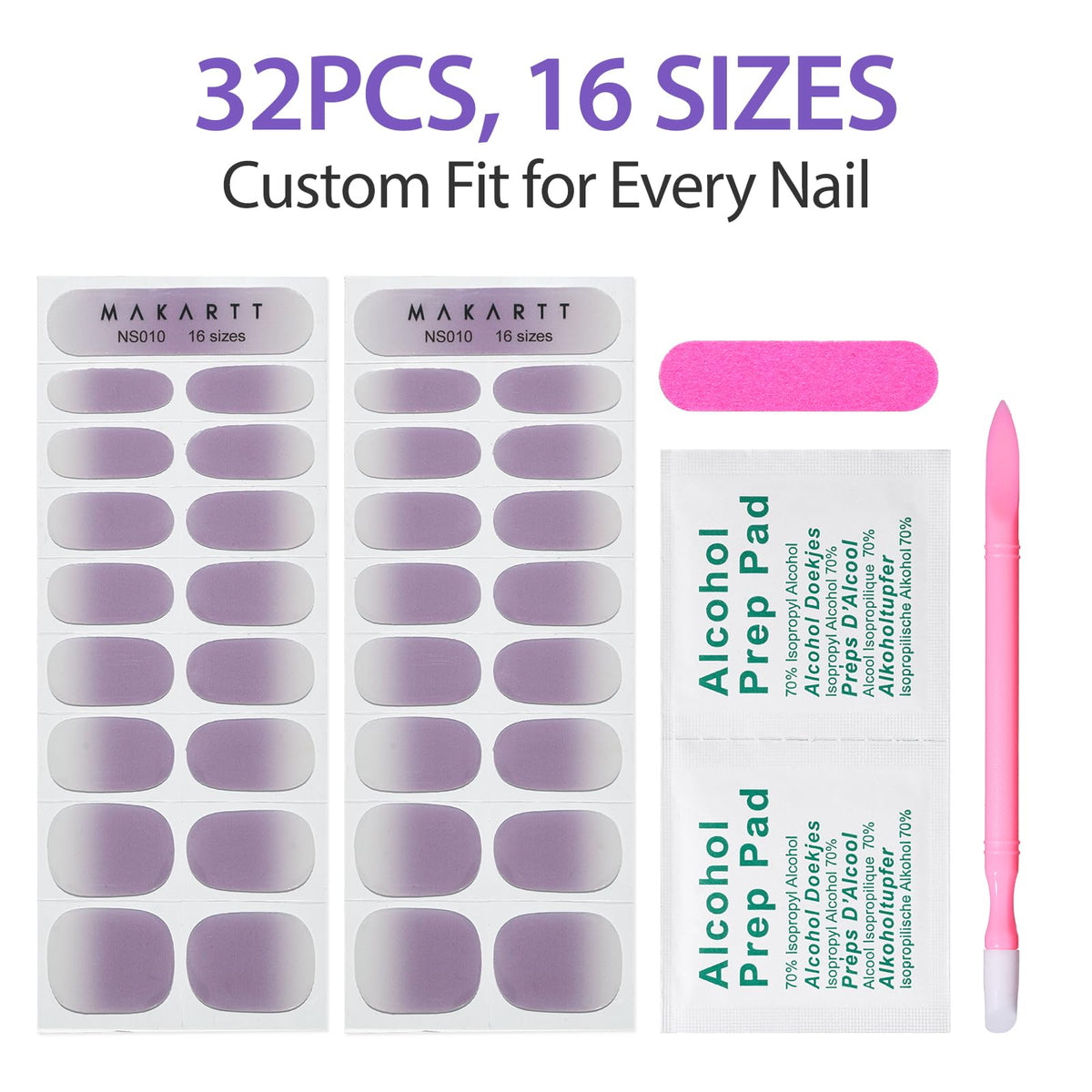Makartt Semi Cured Gel Nail Strips Kit 2 Packs – Real Gel, Hema & TPO Free, 16 Sizes Anti-Lift Design, UV Required, Long Wear, Dual-Ended Tool & Prep Kit (Lavender Ombre)