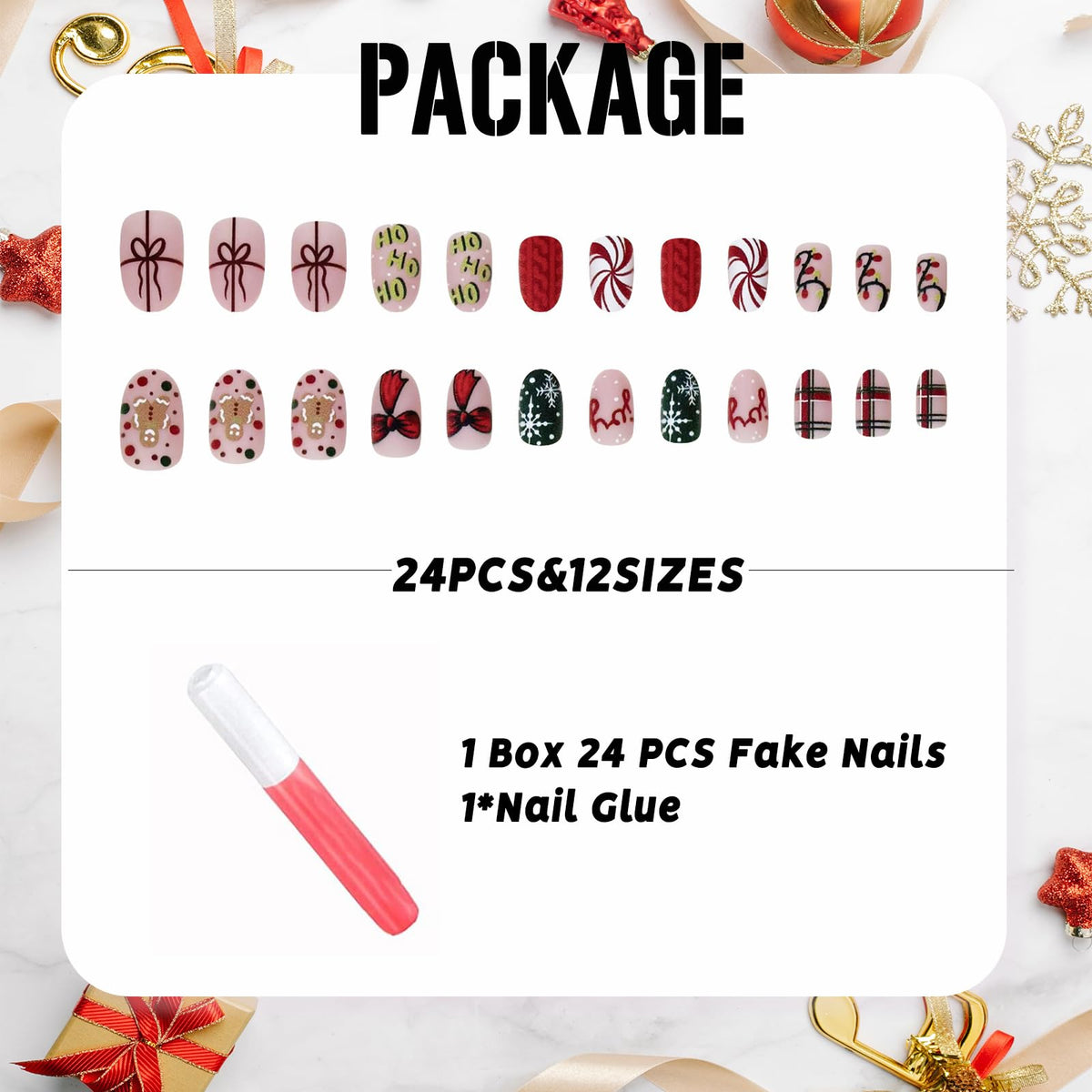 IMSOHOT Press on Nails Short Oval Fake Nails Matte Red Green Round False Nails with Bow, Snowflake Designs Cute Acrylic Full Cover Glue on Nails for Women Girls 24Pcs
