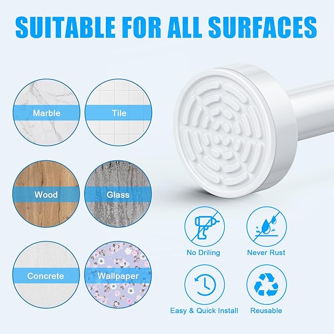 TEECK Shower Curtain Rod, 32-68 inch Adjustable Spring Tension Curtain Rod, Never Rust Anti-Slip Shower Curtain Rod for Bathroom, No Drilling, Never Collapse, Easy to Use, White