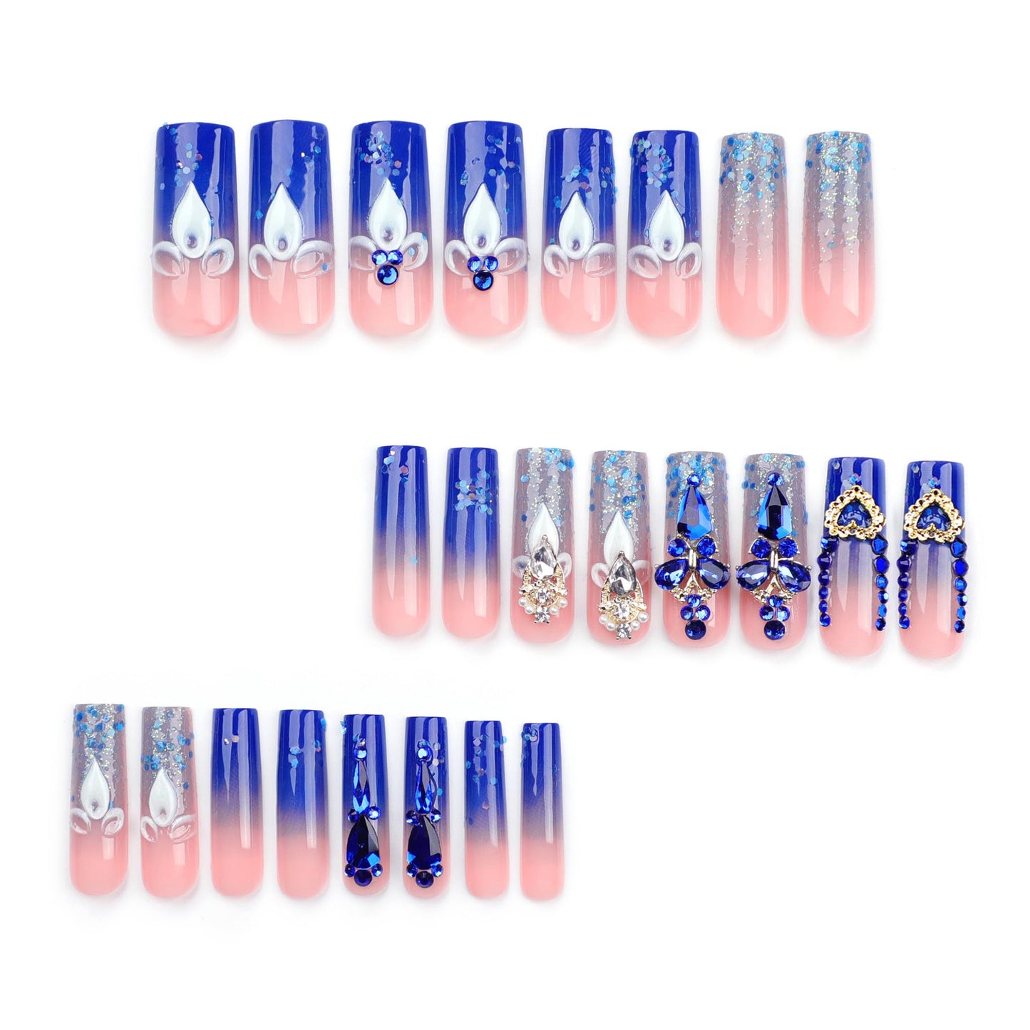 Luxury French Tip Press on Nails Shiny Blue Rhinestones Sequins Fake Nail Acrylic Long Full Cover Stick on Nails for Women Glossy Reusable False Nail 24 PCS 12 Sizes Kit Gift Manicure Decoration