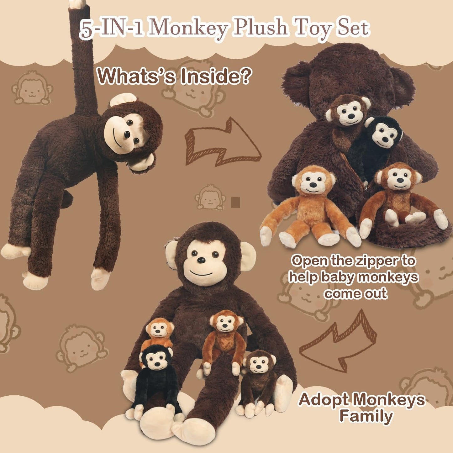 5 PCS Monkey Stuffed Animal, Large Huggable Stuffed Monkey Plush Toys with 4 Baby Monkeys for Kids, Hanging Monkeys Plushies Gifts for Boys Girls Easter Christmas Birthday Jungle Forest Party Decor